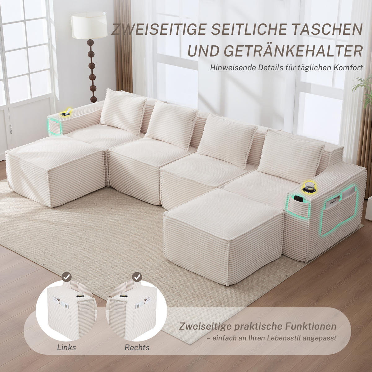 WOHNLANDSCHAFT 330/162/75 cm Beige mit 2 Fußhocker, Getränkehalter und Seitentaschen - Beige, Textil (330/75/162cm) - Oxeza
