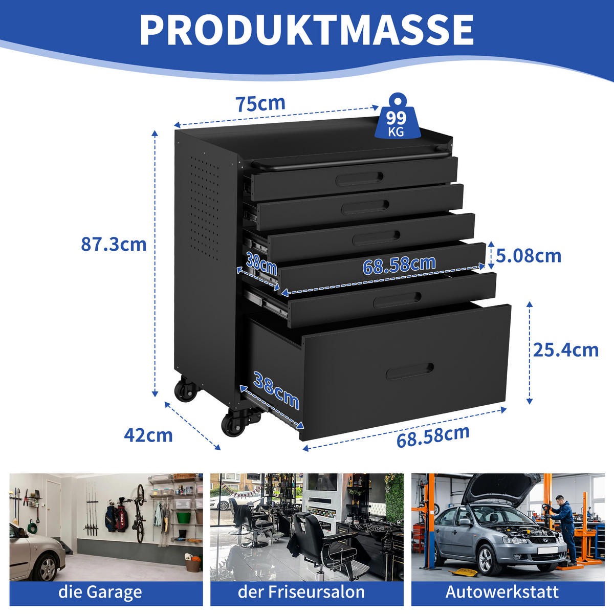 KOMBIKOMMODE – 6 Schubladen, 87,3 cm (H) × 75 cm (B) × 42 cm (T) - Schwarz, Metall (42/87.3/75cm) - DCA