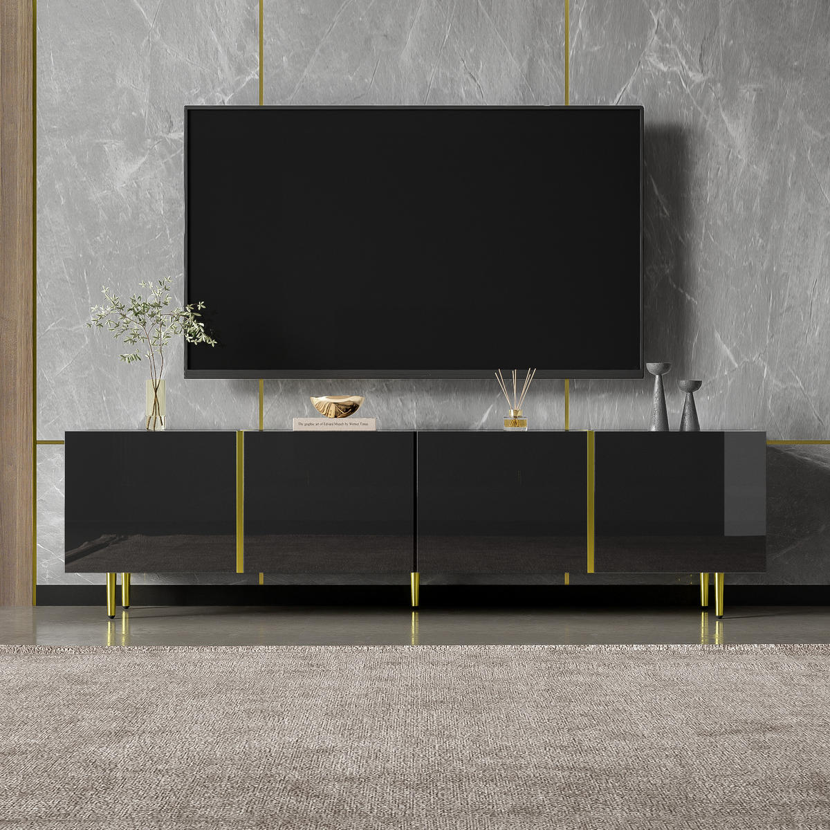 TV Lowboard 4 Türen, Hochglanz, goldene Füße, Schwarz - Schwarz, Holz (170/46/35cm)