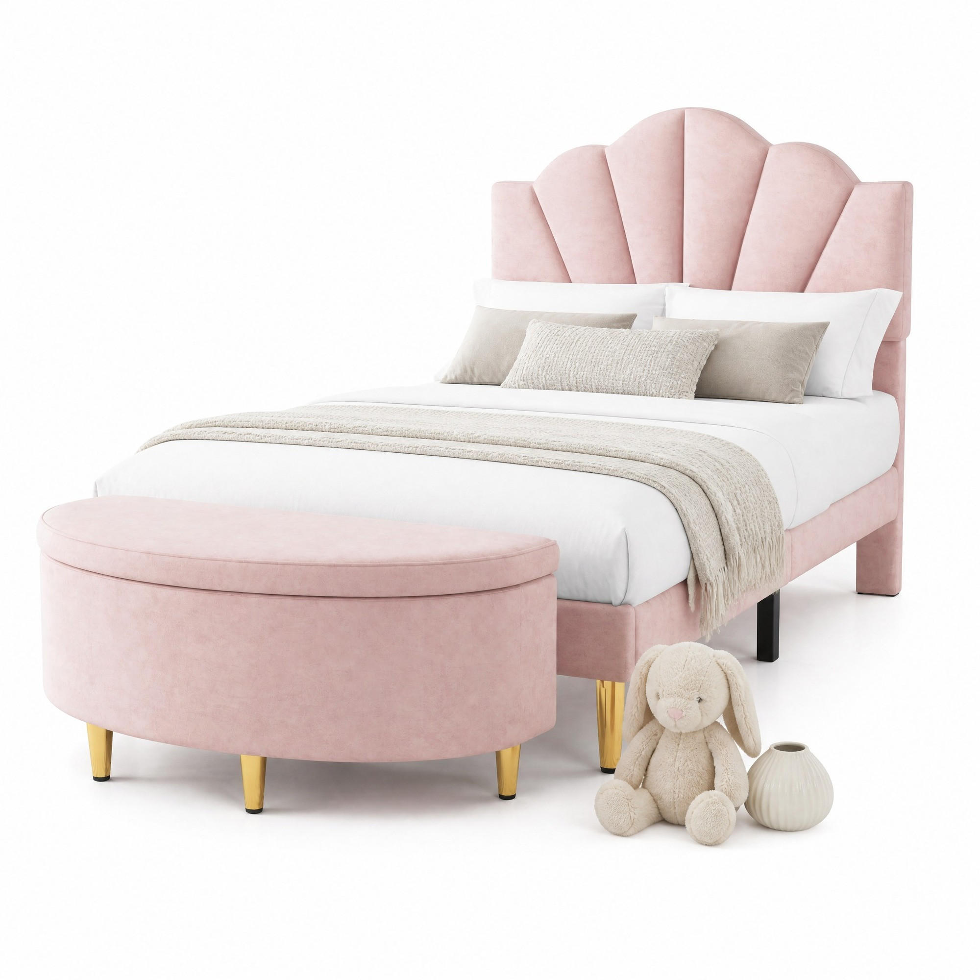 POLSTERBETT 90/200 cm in Rosa mit Verstellbarem Kopfteil und Polsterbank Samt - Rosa, Holzwerkstoff/Textil (90/200cm) - CHICFURN