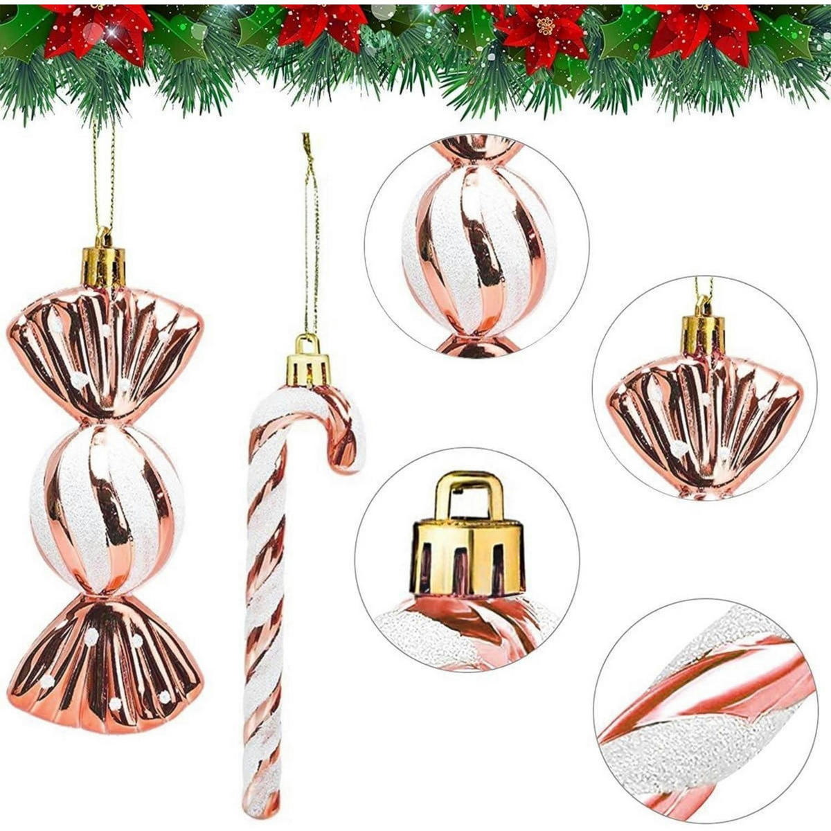WEIHNACHTSBAUMSCHMUCK 18-teiliges Set Zuckerstangen & Kugeln Roségold - Pink, Kunststoff (5/3/14cm)