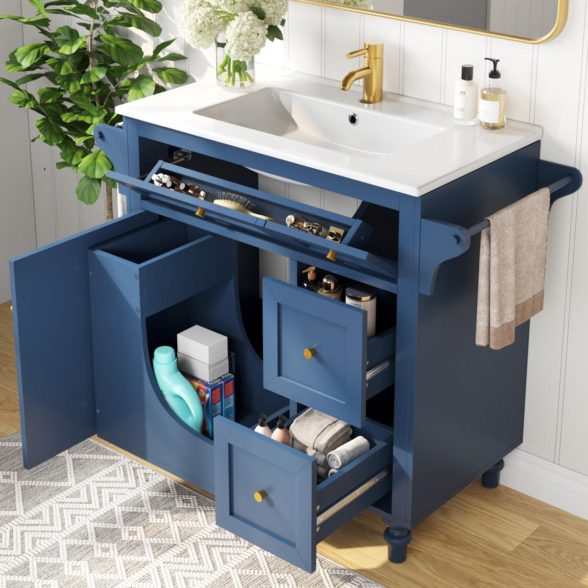 WASCHTISCHKOMBI 99,5/45/86 cm blau aus MDF mit Keramikbecken - Blau, Holzwerkstoff (99.5/86/45cm) - OKWISH
