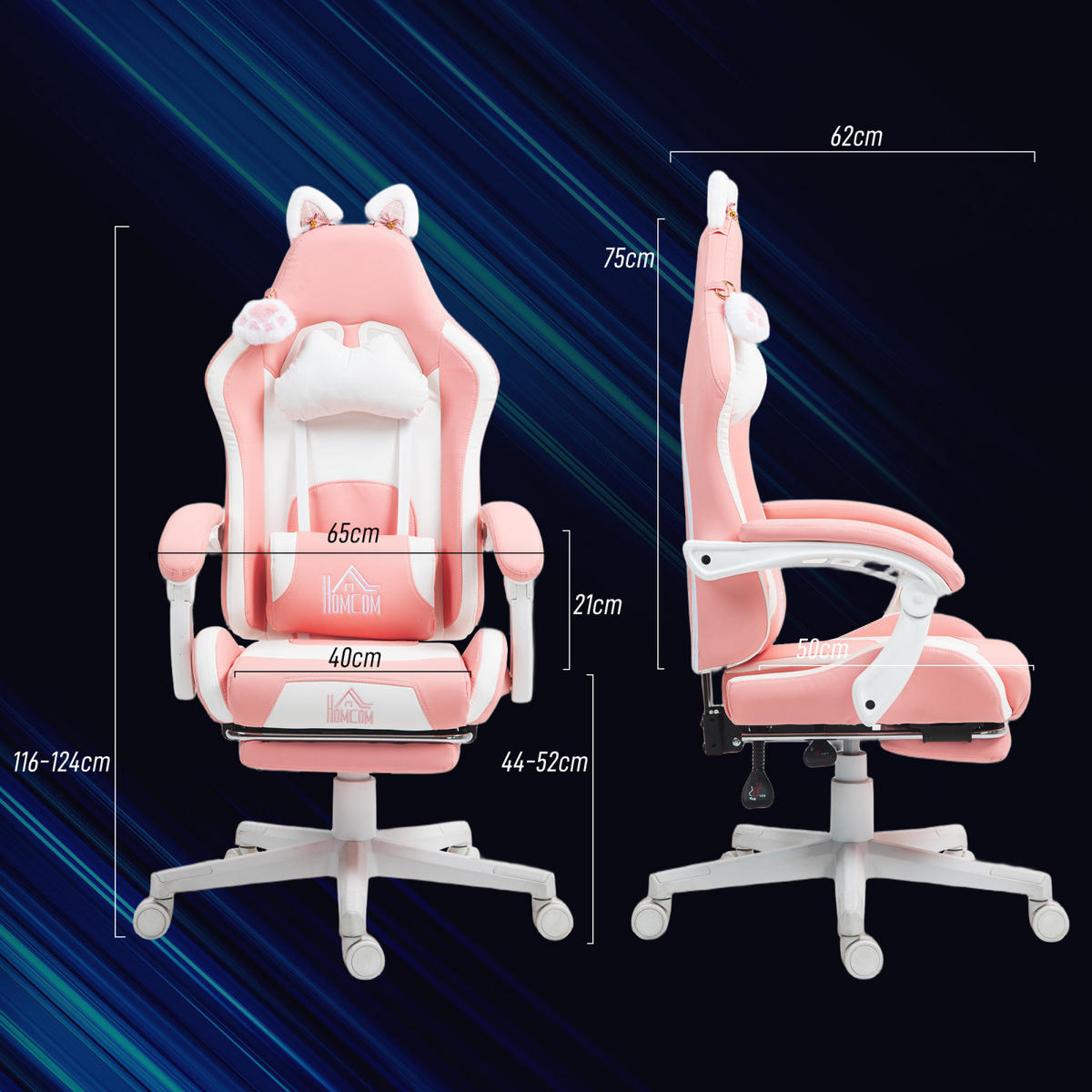 GAMING Stuhl mit Katzenohren, Lendenwirbelstütze, Fußstütze, Kopfkissen, höhenverstellbar, Liegefunktion Rosa-Weiß - Rosa, Leder (62/116/65cm) - BRILVERDE