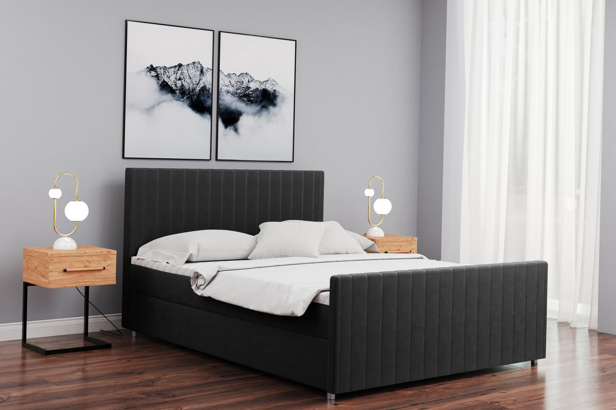 BOXBETT mit Bettkasten Matratze Topper LATINO stoff Velvet 160x200 cm Dunkelgrau H2-Pocket - Dunkelgrau, Holz/Holzwerkstoff (160/200cm) - Kaiser Möbel