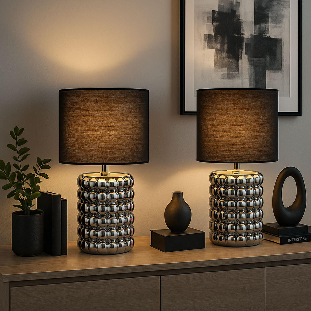 TISCHLEUCHTE VALENTINO Keramik Schwarz 2er Set - Schwarz, Textil (18.5/18.5/33cm) - Globo Lighting