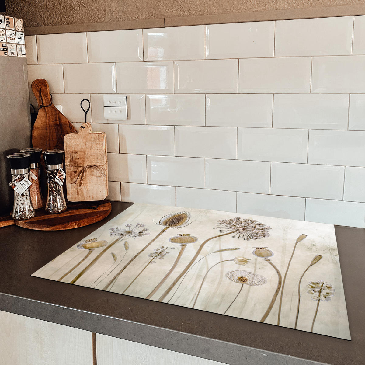 HERDABDECKPLATTE Blumen - Aquarell - Stilleben - Braun - Vintage 71x52 cm - Sandfarben, Kunststoff (71/52/0.2cm) - MuchoWow