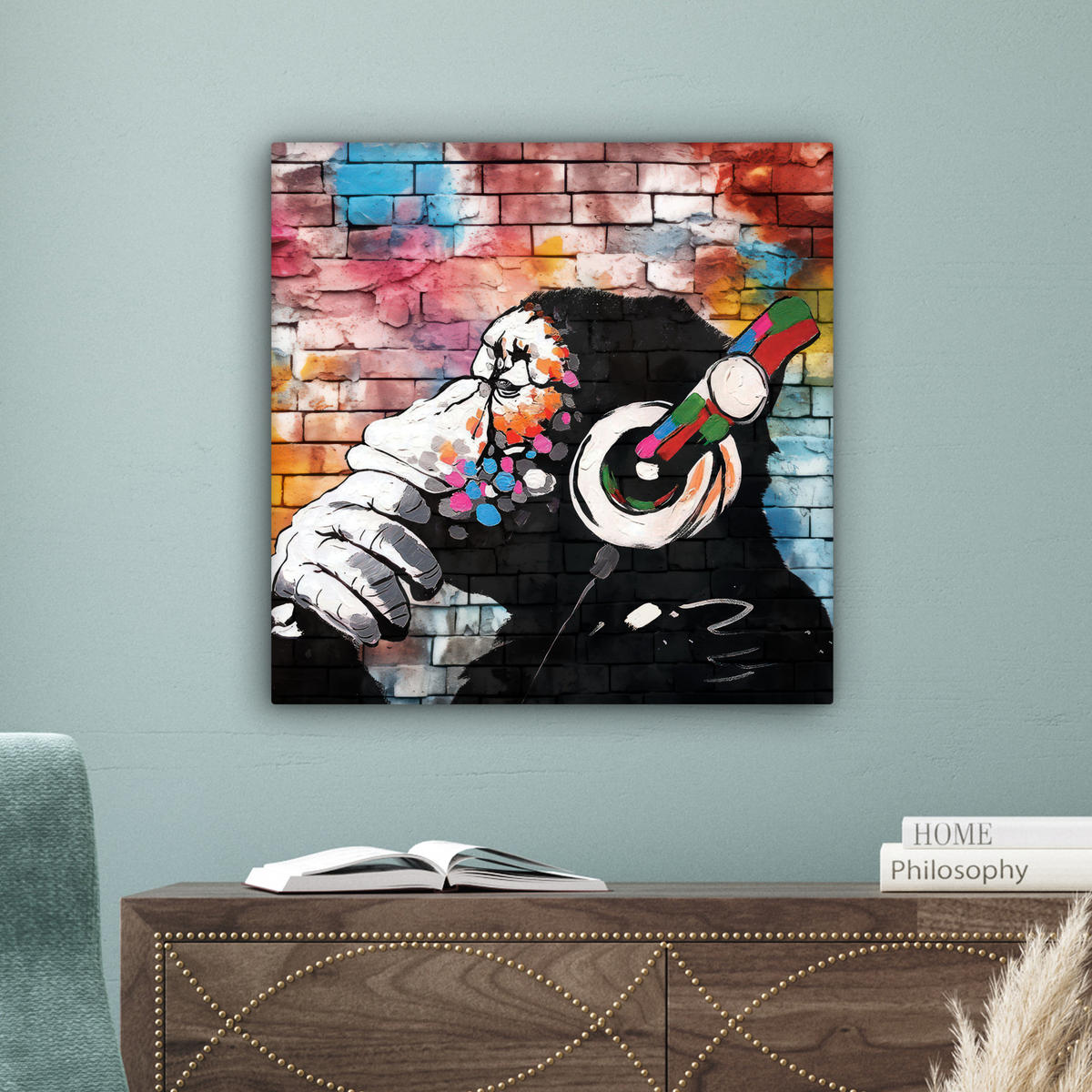 LEINWANDBILD Affe - Graffiti - Musik Wandbild Wohnzimmer 50x50 cm - Multicolor, Textil (50/50cm) - MuchoWow
