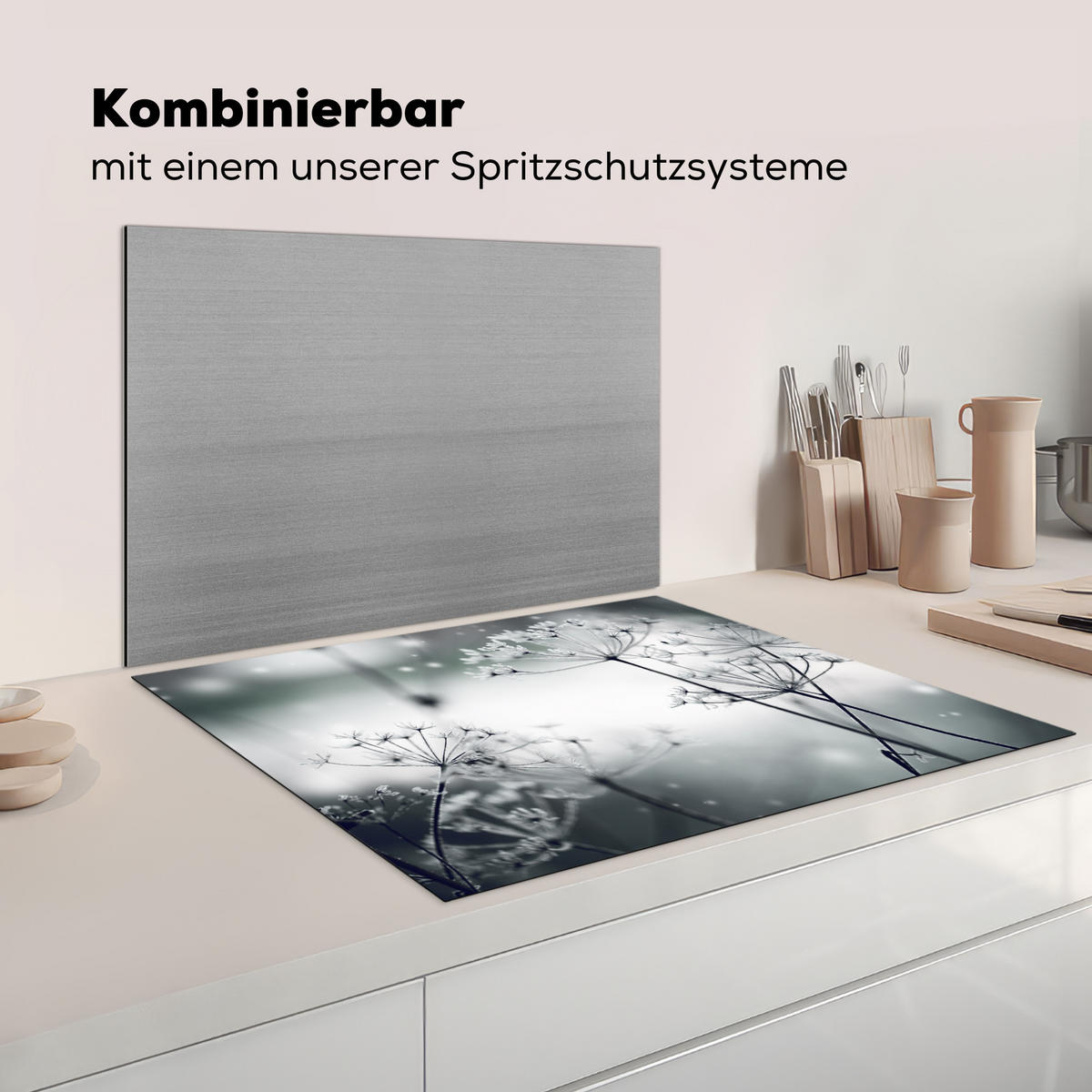 HERDABDECKPLATTE Blumen - Winter - Schnee - Natur Induktionsmatte 77x59 cm - Grau, Kunststoff (77/59/0.2cm) - MuchoWow