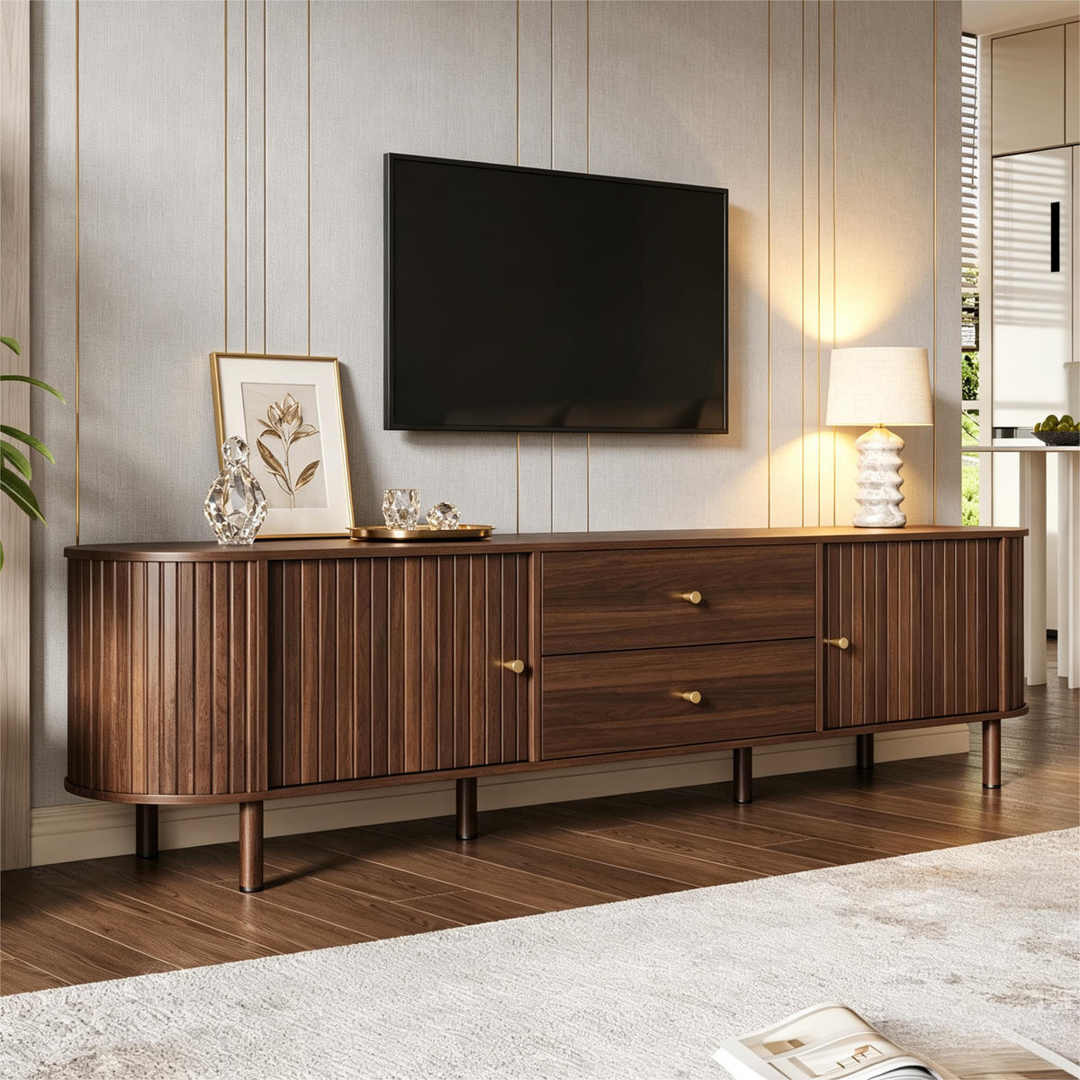 TV-ELEMENTLOWBOARD 180x40x58cm Holzoptik-Nussbaum mit Schiebetüren und Schubladen - Walnussfarben, Holz (46.51/18.01/75.79cm) - Raelunyi