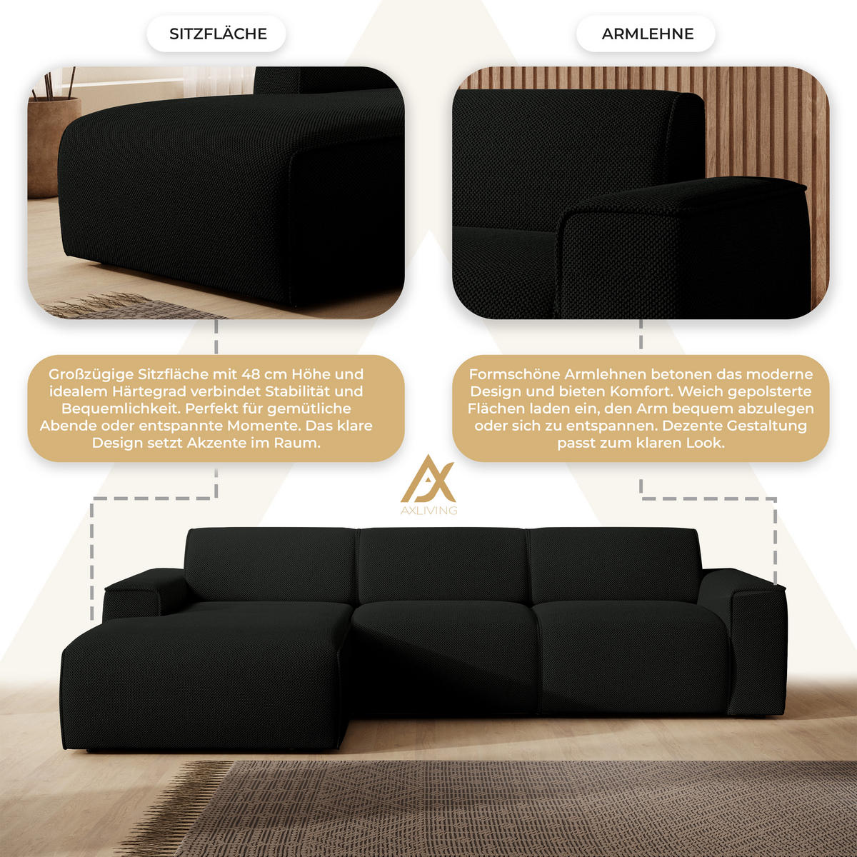 ECKSOFA L Form Didim mini Schwarz 310/165/78 cm – stilvolle kleine Eckcouch L - Schwarz, Kunststoff/Textil (165/310cm) - AX Living