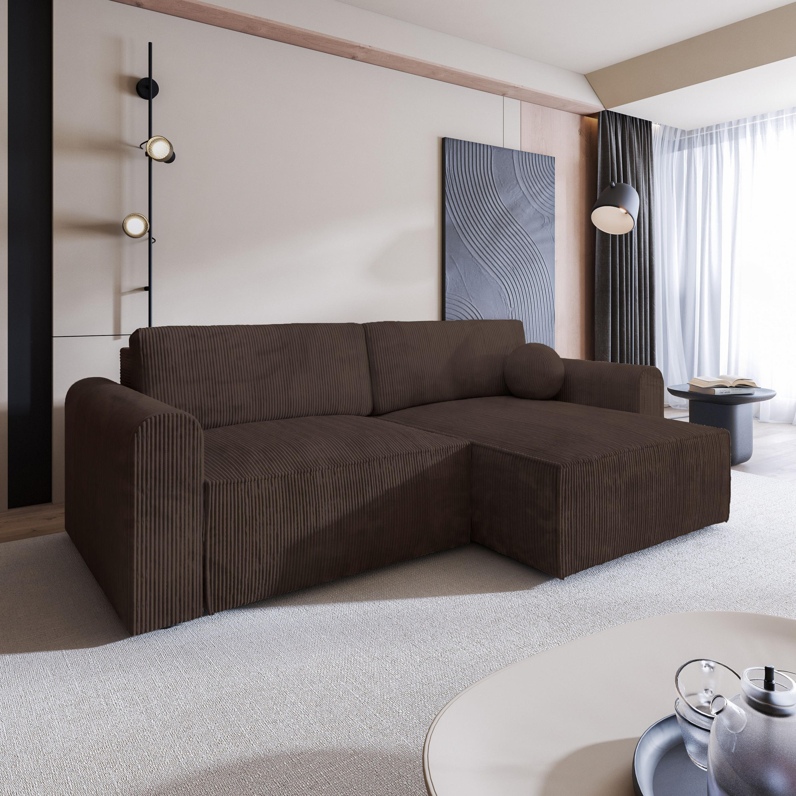 ECKSOFA FIANO P Braun Kordstoff mit Schlaffunktion - Braun, Holz (245/148cm) - MASSENO