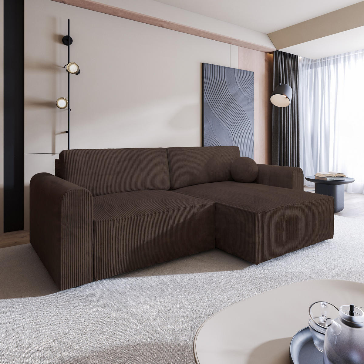 ECKSOFA FIANO P Braun Kordstoff mit Schlaffunktion - Braun, Holz (245/148cm) - MASSENO