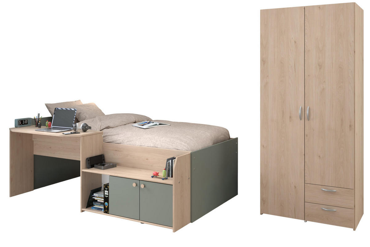 JUGENDZIMMER Hochbett Jade 11 in Seladon Grün und Jackson Eiche mit 2türigem Kleidierschrank von Parisot - Grün, Holzwerkstoff (80/200/120cm)