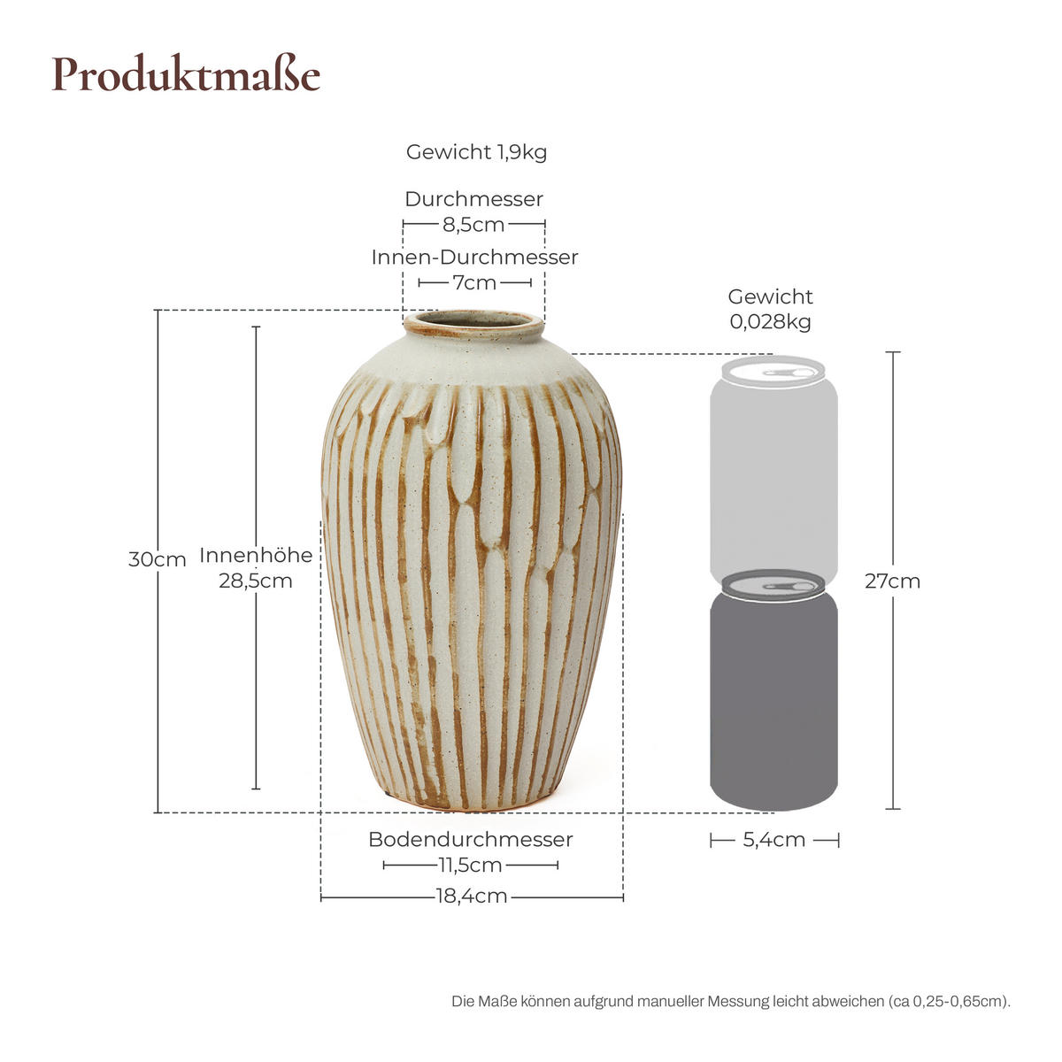 KERAMIKVASE Beige-Braun 30 cm, Vintage Blumenvase mit Streifen - Beige/Braun, Keramik (30cm) - Hometopia