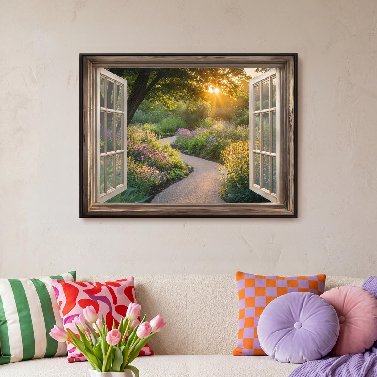 LEINWAND Bilder mit Rahmen - Aussicht - Blumen - Natur - Sonne - Weg - 70x50 - Hellgelb, Textil (70/50cm) - MuchoWow