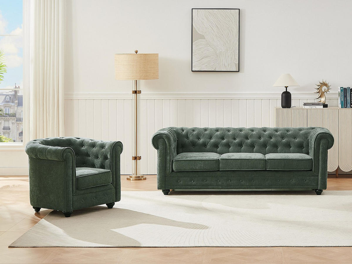 SOFAGARNITUR ohne Schlaffunktion - 4 -Sitzer - Polyester - grün - CHESTERFIELD - Grün, Textil (205/72/88cm) - Vente-Unique