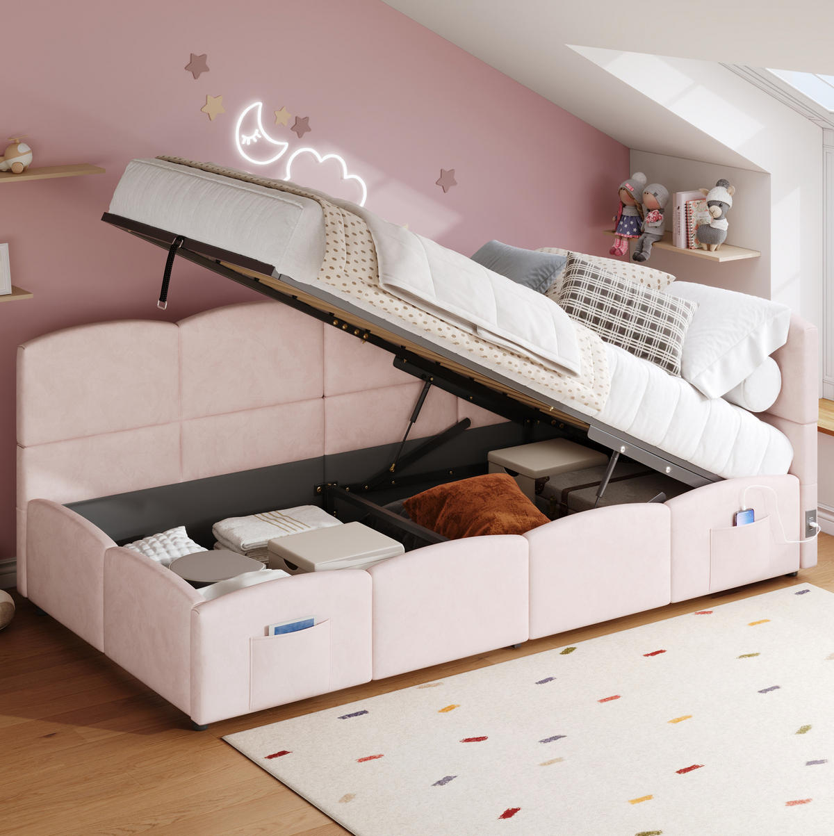 POLSTERBETT 90/200 cm in Rosa mit Stauraum und USB- und Type-C-Anschlüssen - Rosa, Textil (90/200cm) - Flora Grace