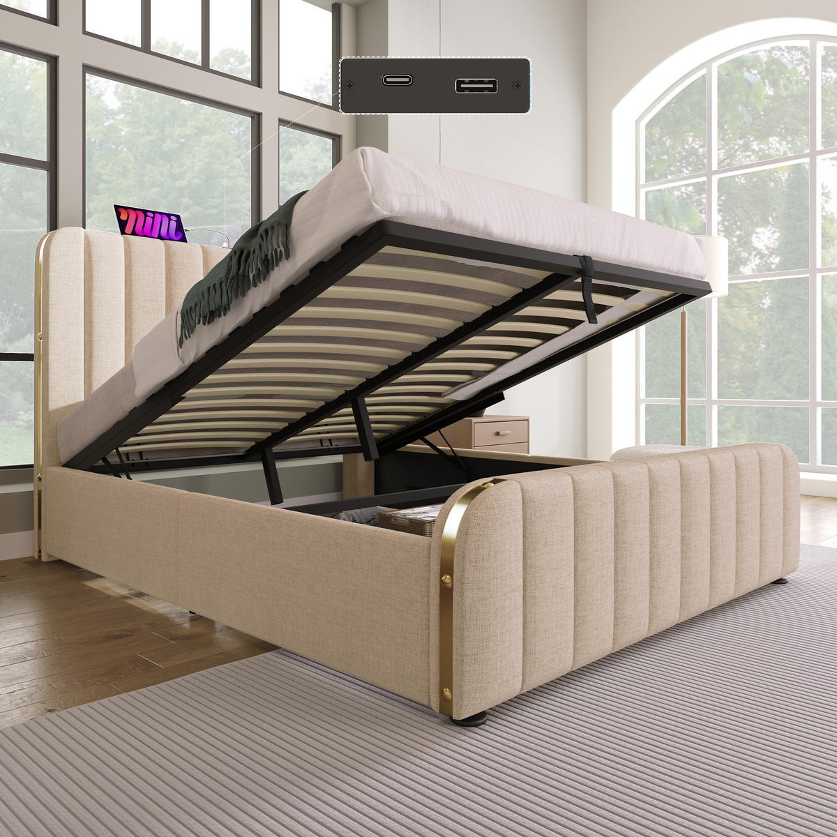 POLSTERBETT 160/200 cm Beige mit USB Typ-C und hydraulischem Stauraum - Beige, Textil (160/200cm) - OKWISH