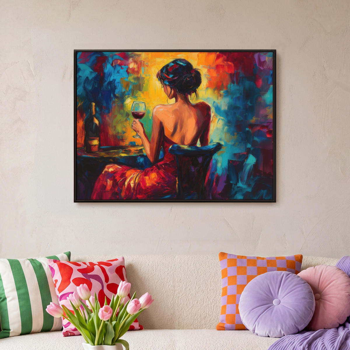 LEINWAND Bilder mit Rahmen - Wein - Frau - Stimmungsvoll - Farbenfroh - 80x60 - Bordeaux, Textil (80/60cm) - MuchoWow
