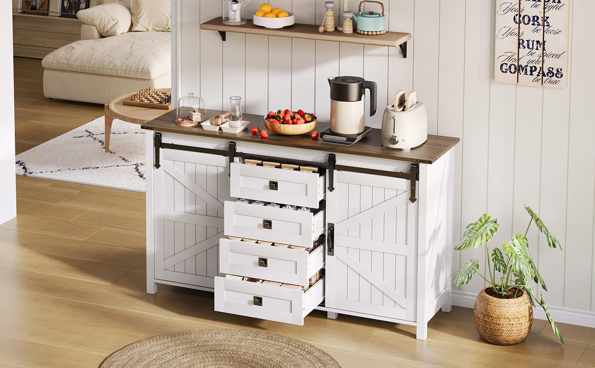 SIDEBOARD im modernen Landhausstil mit 2 Schiebetüren und 4 Schubladen, MDF, 137/40/81,5 cm, Weiß - Weiß, Holzwerkstoff (137/81.5/40cm) - Redom