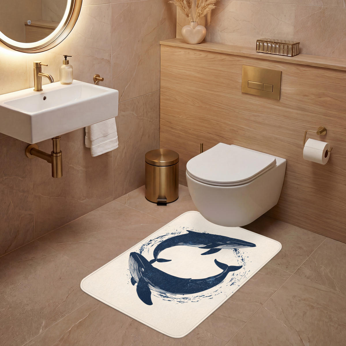 WC PŘEDLOŽKA Velryby - Stříkance - Kruh - Tmavě modrá 60x90 cm - tmavě modrá, textil/plast (60/1cm) - OnlyWow