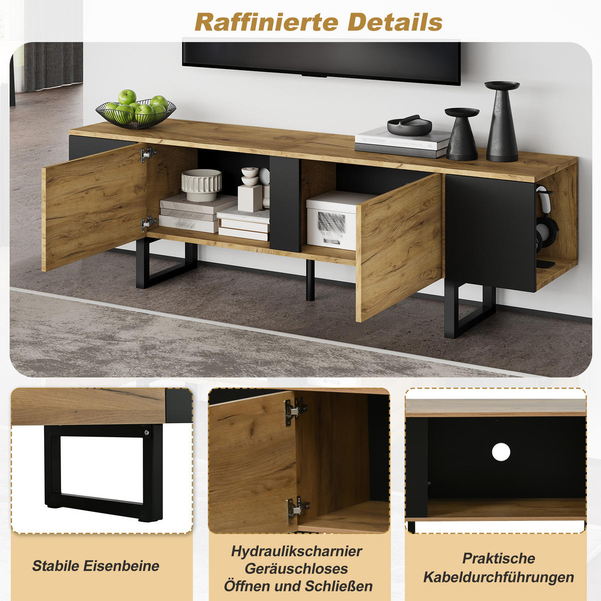 TV-LOWBOARD 180x40x55 cm 2 Schränke Offene Fächer Stauraum - Naturfarben, Holzwerkstoff (40/55/180cm) - FLIEKS