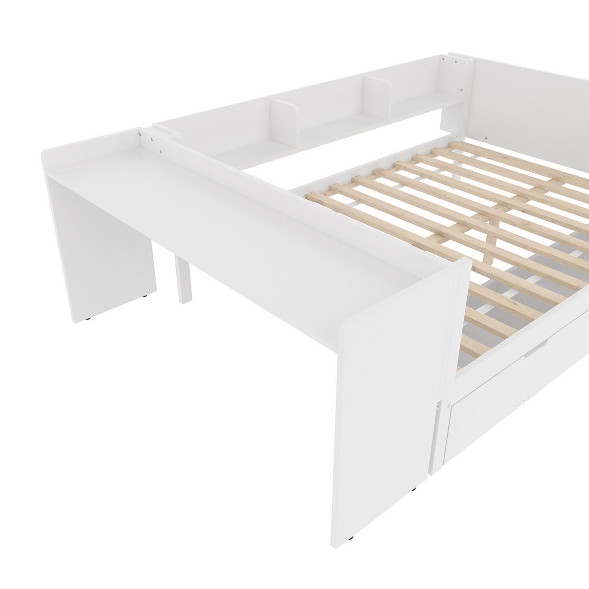 FLACHBETT 140x200cm Weiß Holz Schreibtisch 2 Schubladen Regale - Weiß, Holz (140/200cm) - FLIEKS