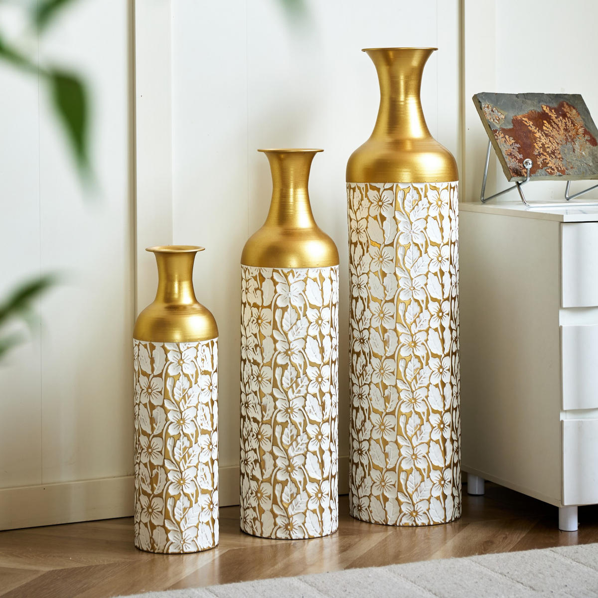 BODENVASE Metallvase,50/66/83 cm,3 tlg.Dekovase,Blume-Goldfarben - Goldfarben, Metall (83cm) - LVHOM