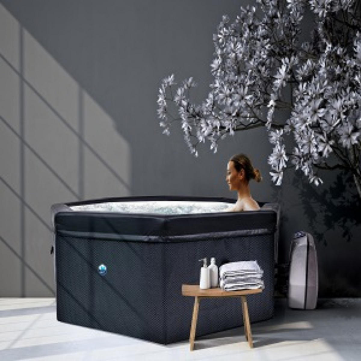 WHIRPOOL Spa Ø193 cm 5 Personen Beheizbar Schwarz Indoor Outdoor Halbstarr - Schwarz, Leder/Kunststoff (193/7/193cm) - Netspa