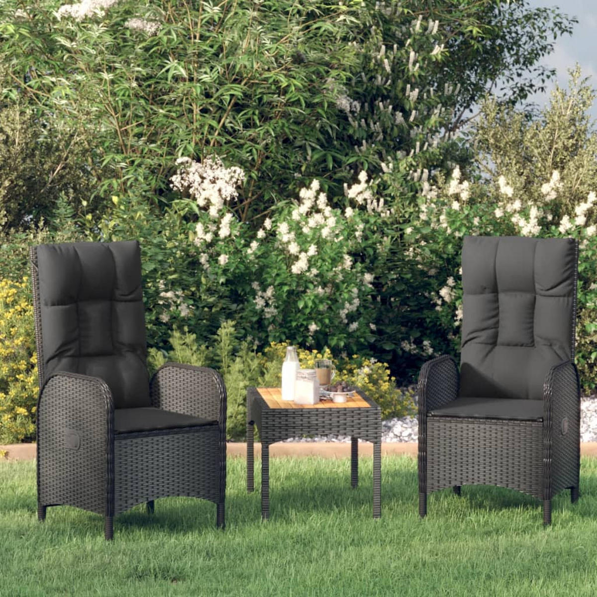 LOUNGEGARNITUR mit Kissen und Couchtisch, aus Poly Rattan und Akazienholz, in Schwarz, 3-teiliges Set - Schwarz, Kunststoff - vidaXL