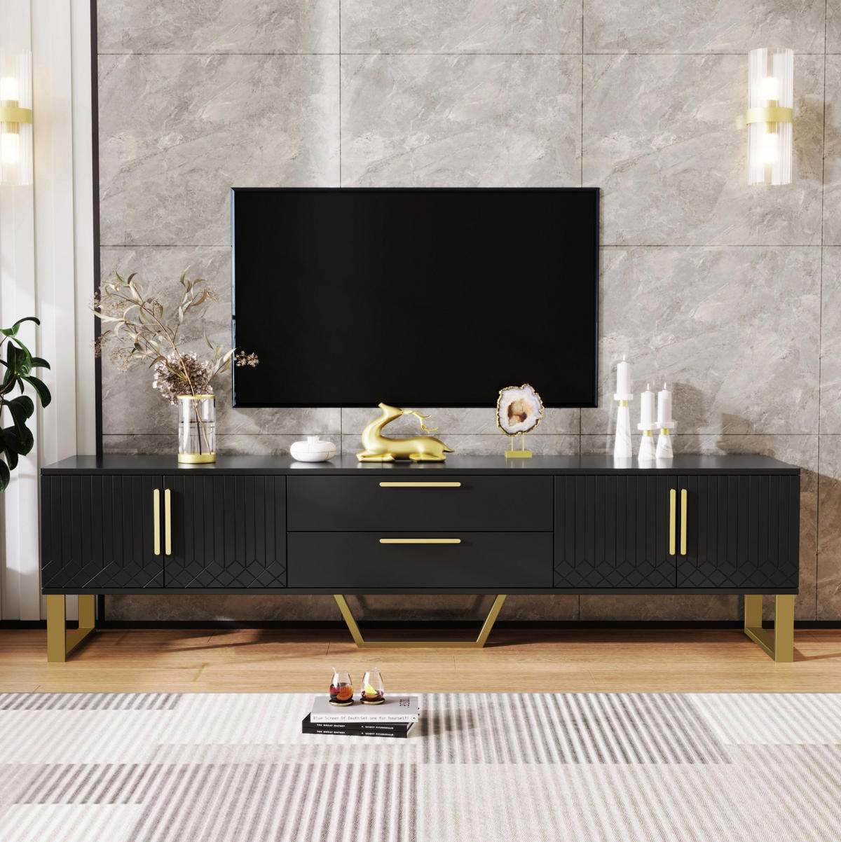 TV-SCHRANK aus MDF 170x40x53,5 cm Schwarz mit 4 Türen, Kabeldurchlässen und Hochglanzoberfläche - Schwarz, Holzwerkstoff (170/53.5/40cm) - Modfu