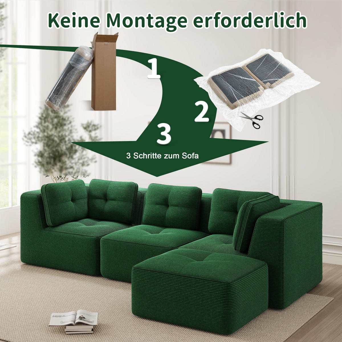 ECKSOFA 297/177/69 cm Grün Cord mit 1 Fußhocker - Grün, Textil (297/177cm) - Oxeza