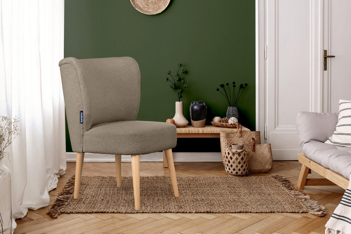 COCKTAILSESSEL APPA auf hohen Beinen aus Buche, aus recyceltem Boucle-Stoff, Hellbraun/Buche Dekor - Hellbraun/Buchefarben, Holz/Textil (63/89/65cm) - KONSIMO®