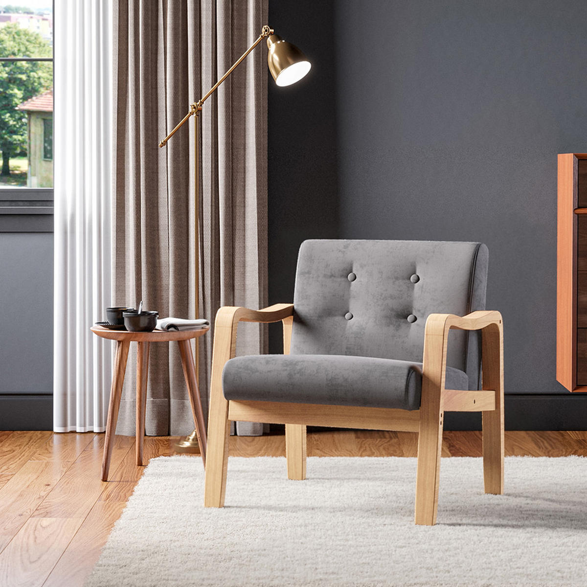 POLSTERSESSEL Sessel mit 35D Schaumstoff Gummiholz Armlehnen Holzrahmen Leinen Grau Bequeme Polsterung 70 x 63 x 78 cm - Naturfarben/Grau, Holz/Textil (70/78/63cm) - Livingandhome
