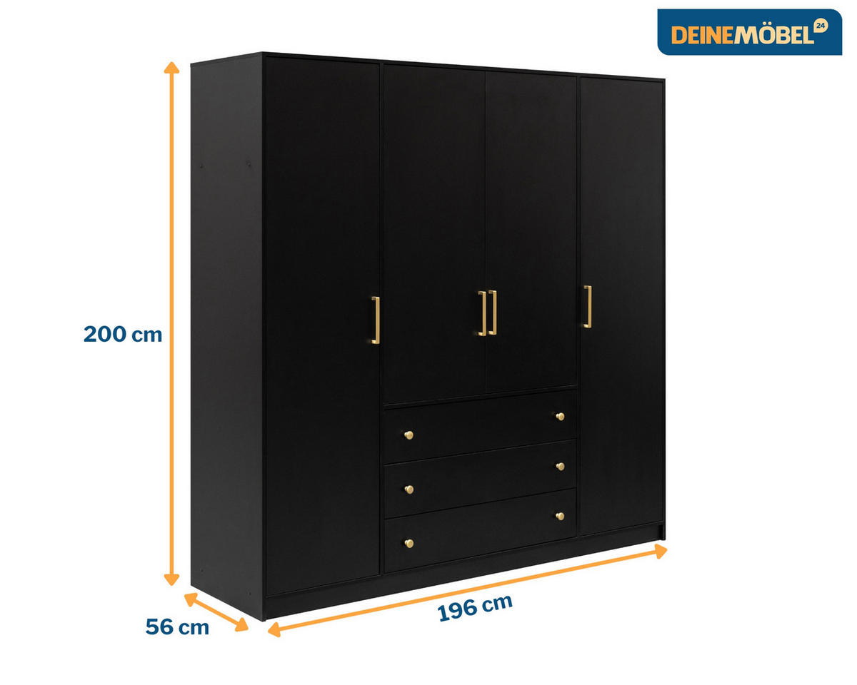 DREHTÜRENSCHRANK CLASSIC 200/196/58 cm in Schwarz/Gold - Goldfarben/Schwarz, Holzwerkstoff (196/58/200cm) - Deine Möbel 24