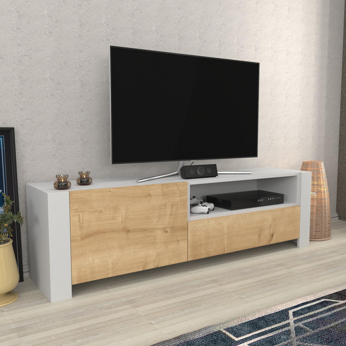 TV-ELEMENT Piedmont Weiße Eiche - Weiß/Eiche Artisan, Holzwerkstoff (160/46/36.8cm) - Decorotika