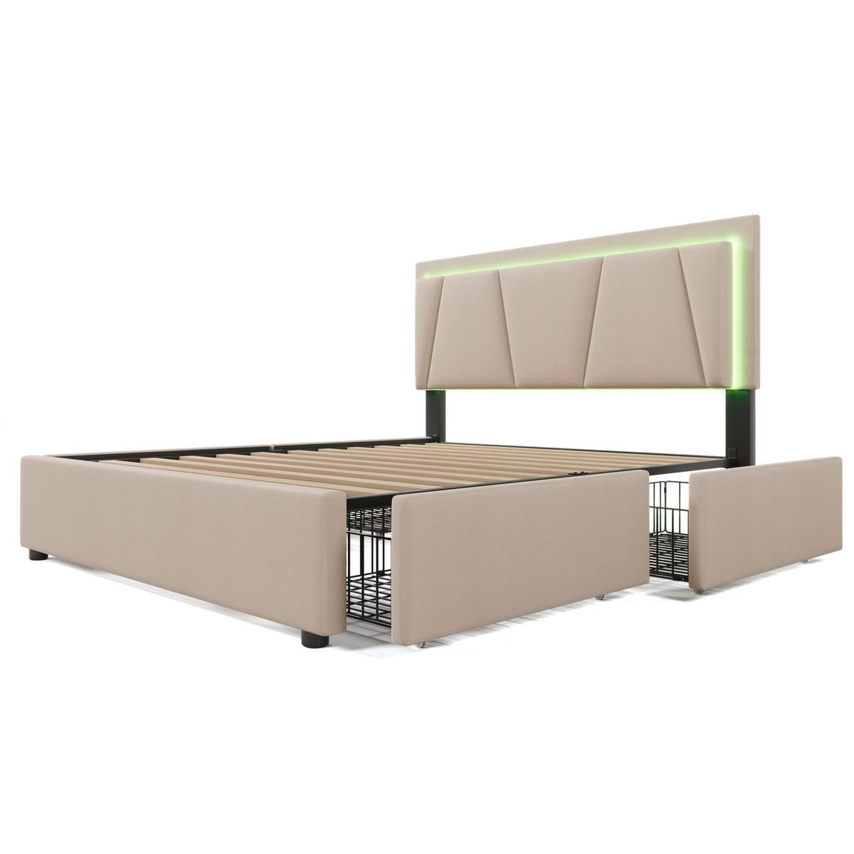 POLSTERBETT 160/200 cm beige mit LED-Beleuchtung und 4 Schubladen, höhenverstellbarem Kopfteil - Beige, Holz (160/200cm) - OKWISH