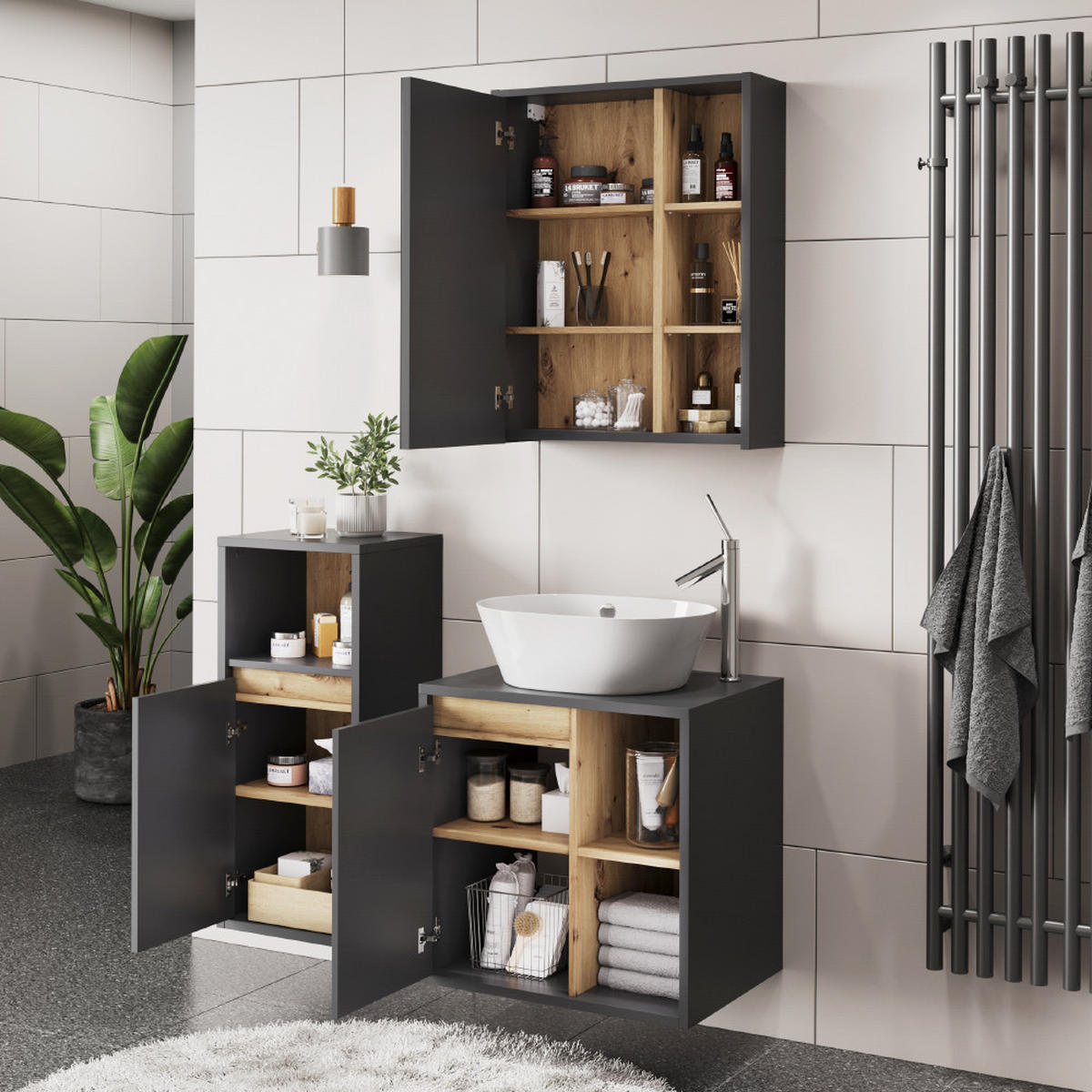 KOUPELNOVÁ SESTAVA NÁBYTKU Viola Grey/Artisan - šedá/dub artisan, kompozitní dřevo (60/60/45.5cm) - Vicco