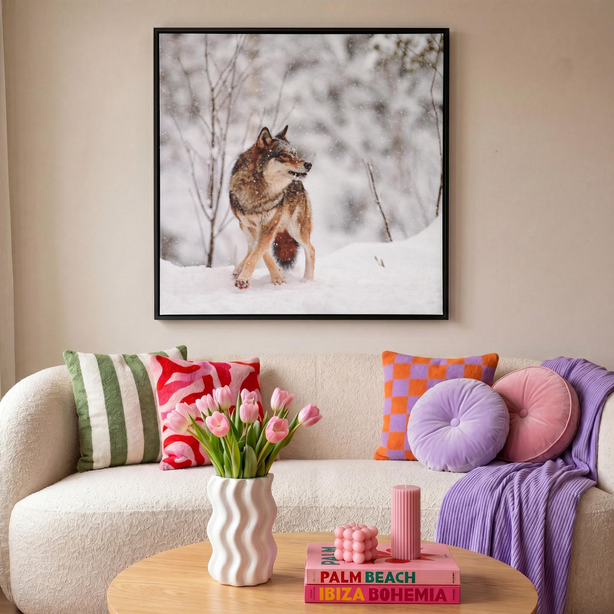 LEINWAND Bilder mit Rahmen - Wolf - Winter - Schnee - Natur - Tiere - 90x90 - Haselnussfarben, Textil (90/90cm) - MuchoWow