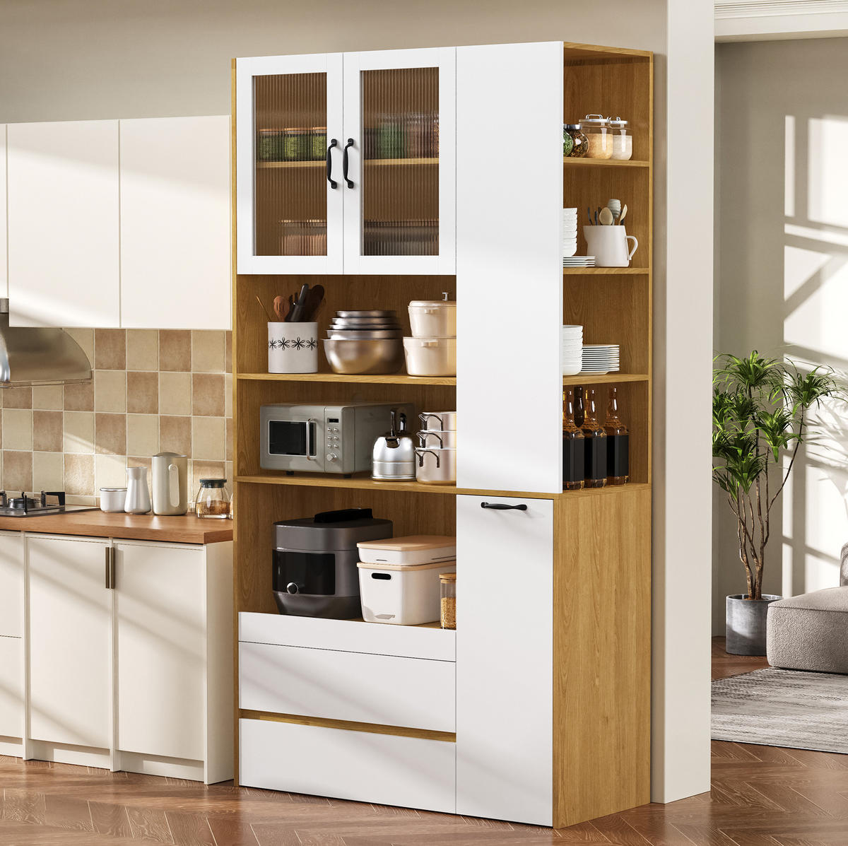 HIGHBOARD 100/40/200 cm in Weiß/Natur mit Riffelglas und Schubladen - Weiß, Holzwerkstoff (100/200/40cm) - Flora Grace