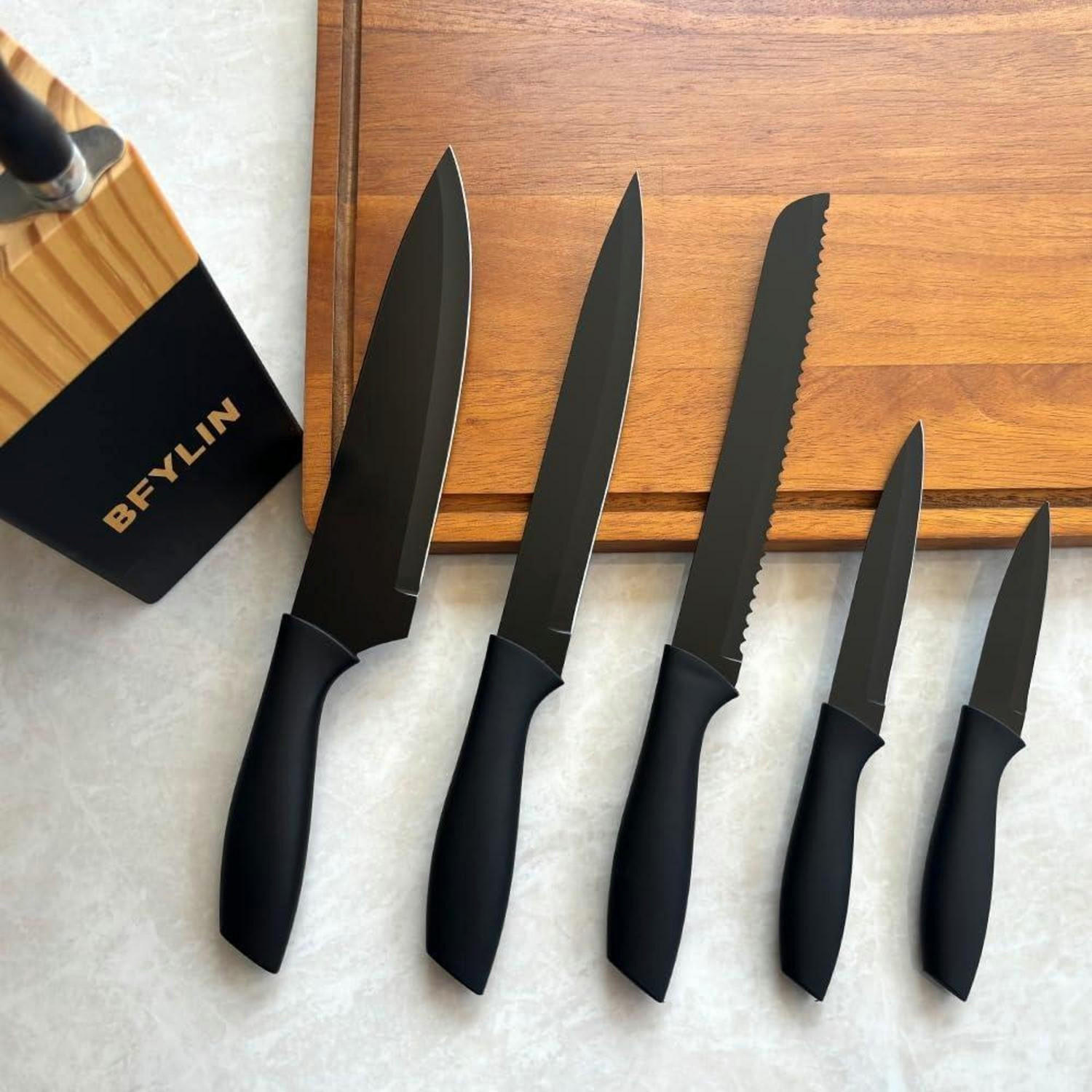 KÜCHENMESSER Set 7-teilig mit Holzblock und Antihaftbeschichtung - Silberfarben, Metall