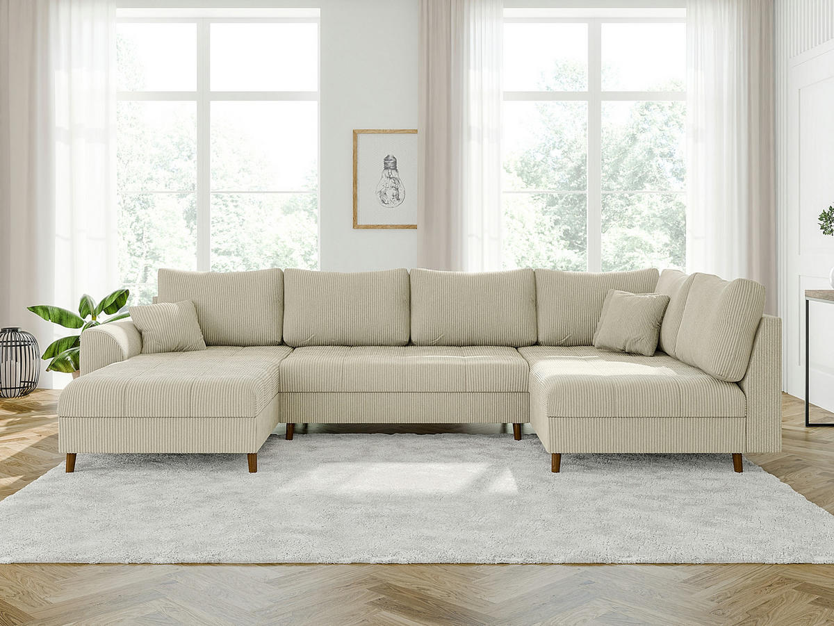 WOHNLANDSCHAFT inkl. Hocker Alma Beige Cord - Beige/Braun, Holz/Textil (310/81/161cm) - S-Style Möbel