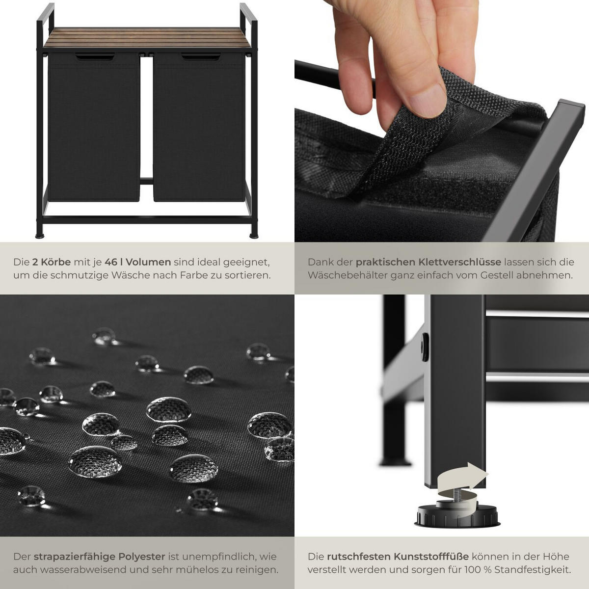 WÄSCHESORTIERER, höhenverstellbare Kunststofffüße,schwarz/braun - Schwarz/Braun, Metall (74/72/34cm) - tectake