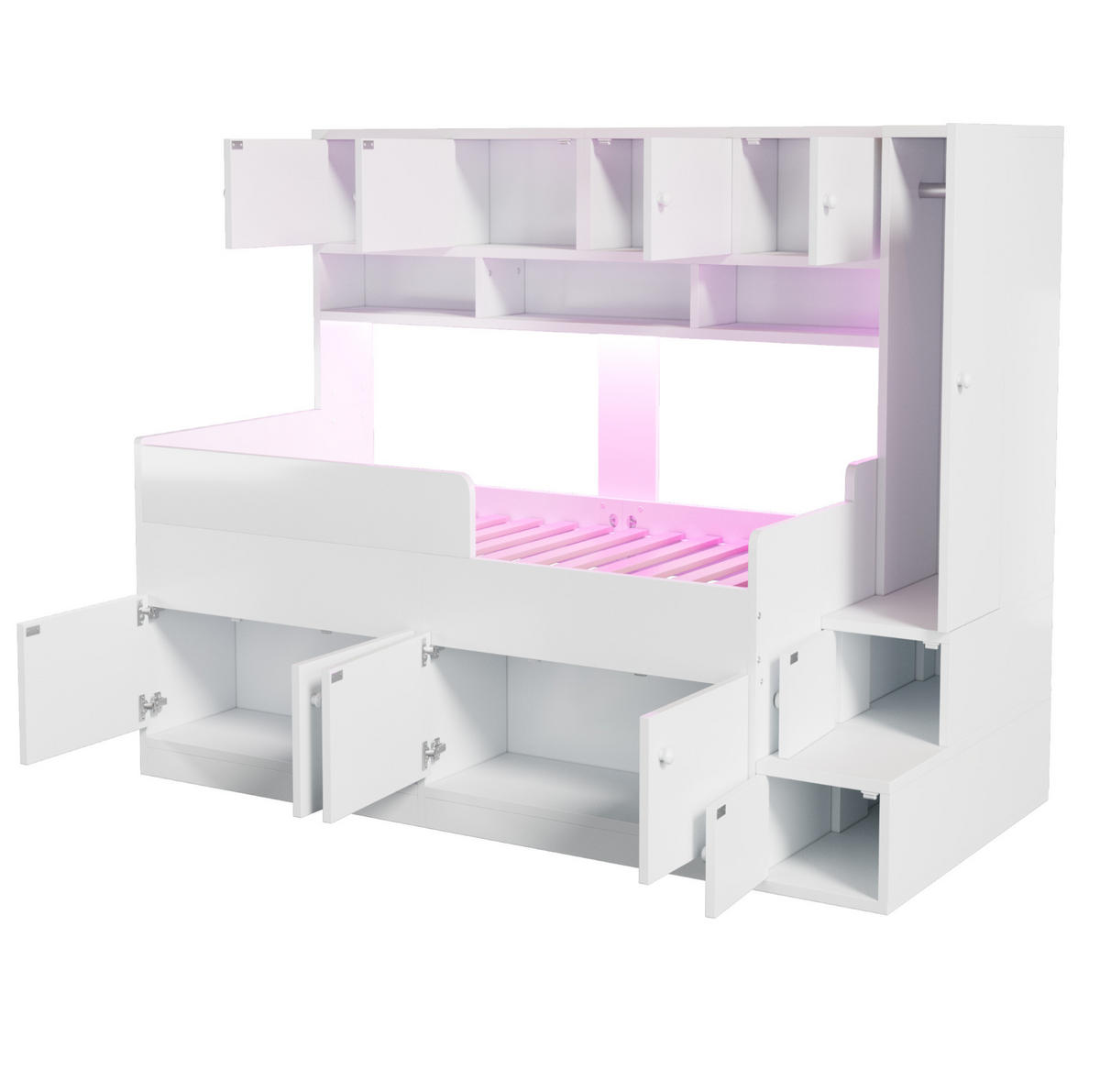 HOCHBETT 90/200 cm mit Stauraum, Kleiderschrank, LED-Beleuchtung und Sicherheitsgeländer, Weiß - Weiß, Holzwerkstoff (90/200cm) - Redom