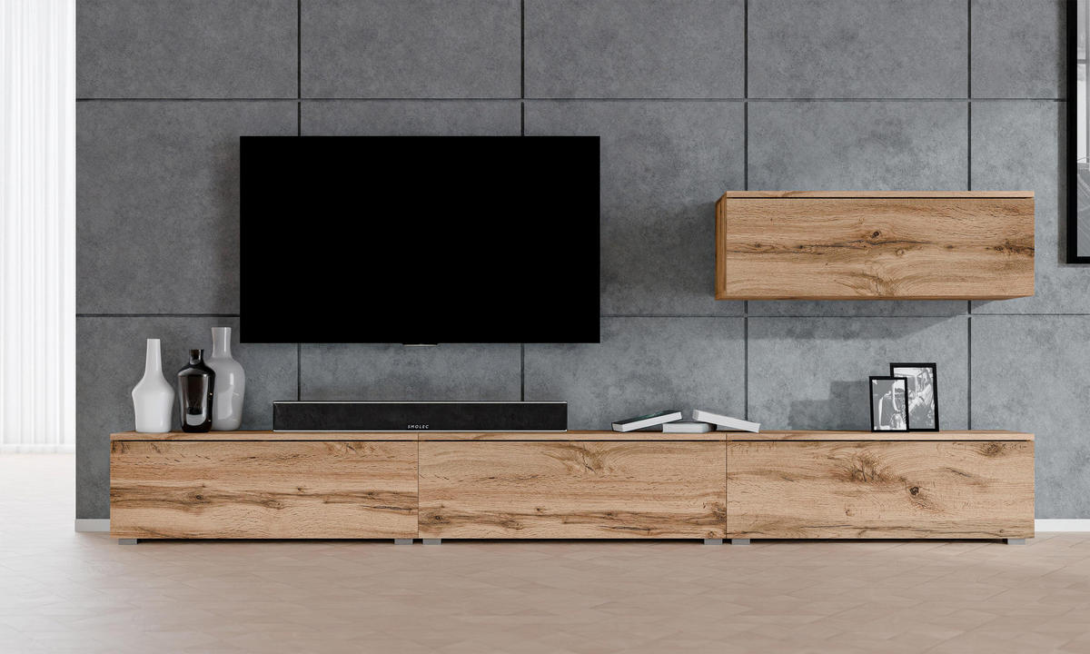 WOHNWAND Loriano IV Eiche Wotan 300/70,5/32 cm – Hängend und Stehend - Braun, Holzwerkstoff/Kunststoff (300/70.5/32cm) - AX Living