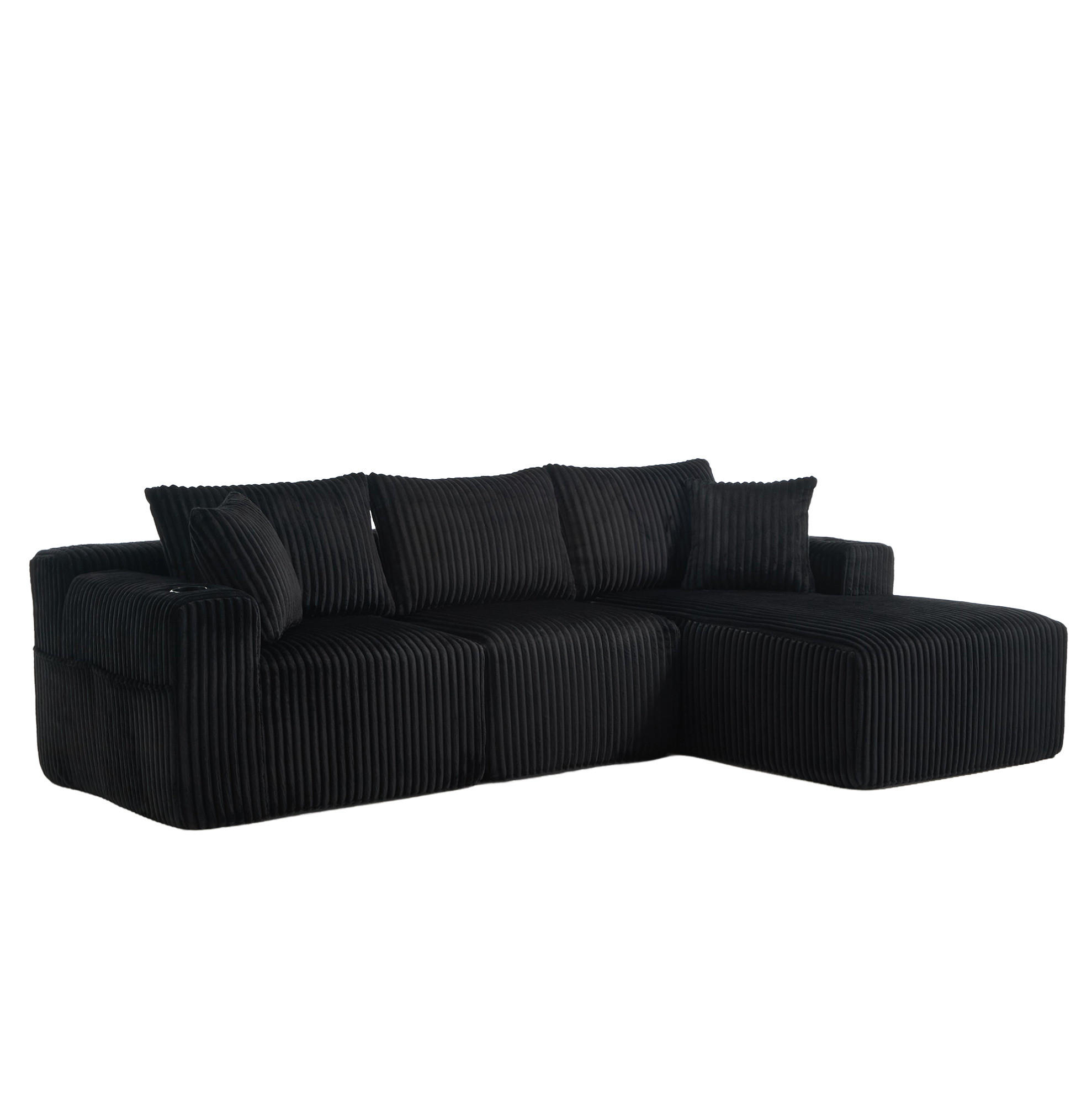 Redom MODULÁRNÍ rohová pohovka 257/90-160/62 cm s lenoškou, držáky nápojů, 5 polštáři a manšestrovým potahem, Černá