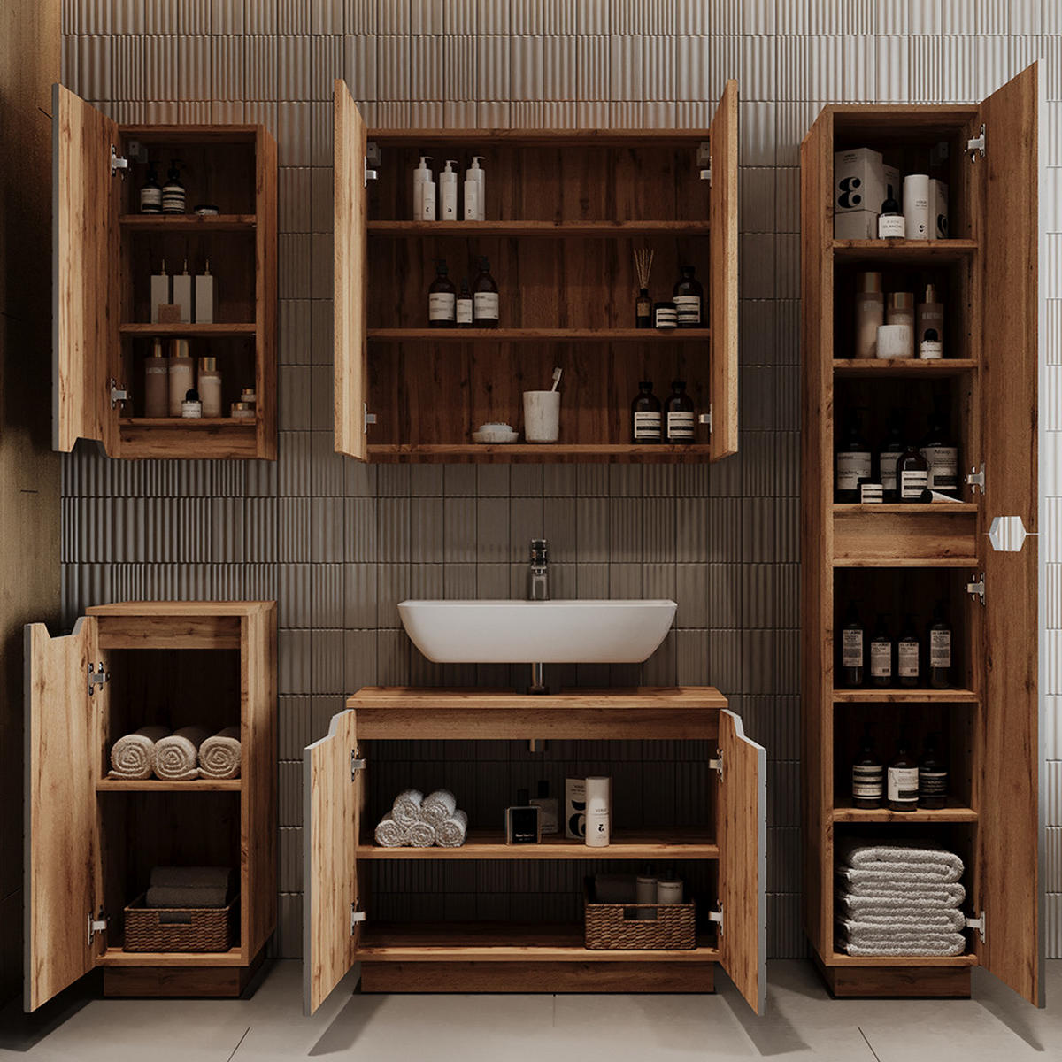 BADMÖBEL-SET Lotta Eiche/Grau mit Kachelstruktur 5 Teile - Grau, Holzwerkstoff (79.6/62.1/32cm) - Vicco