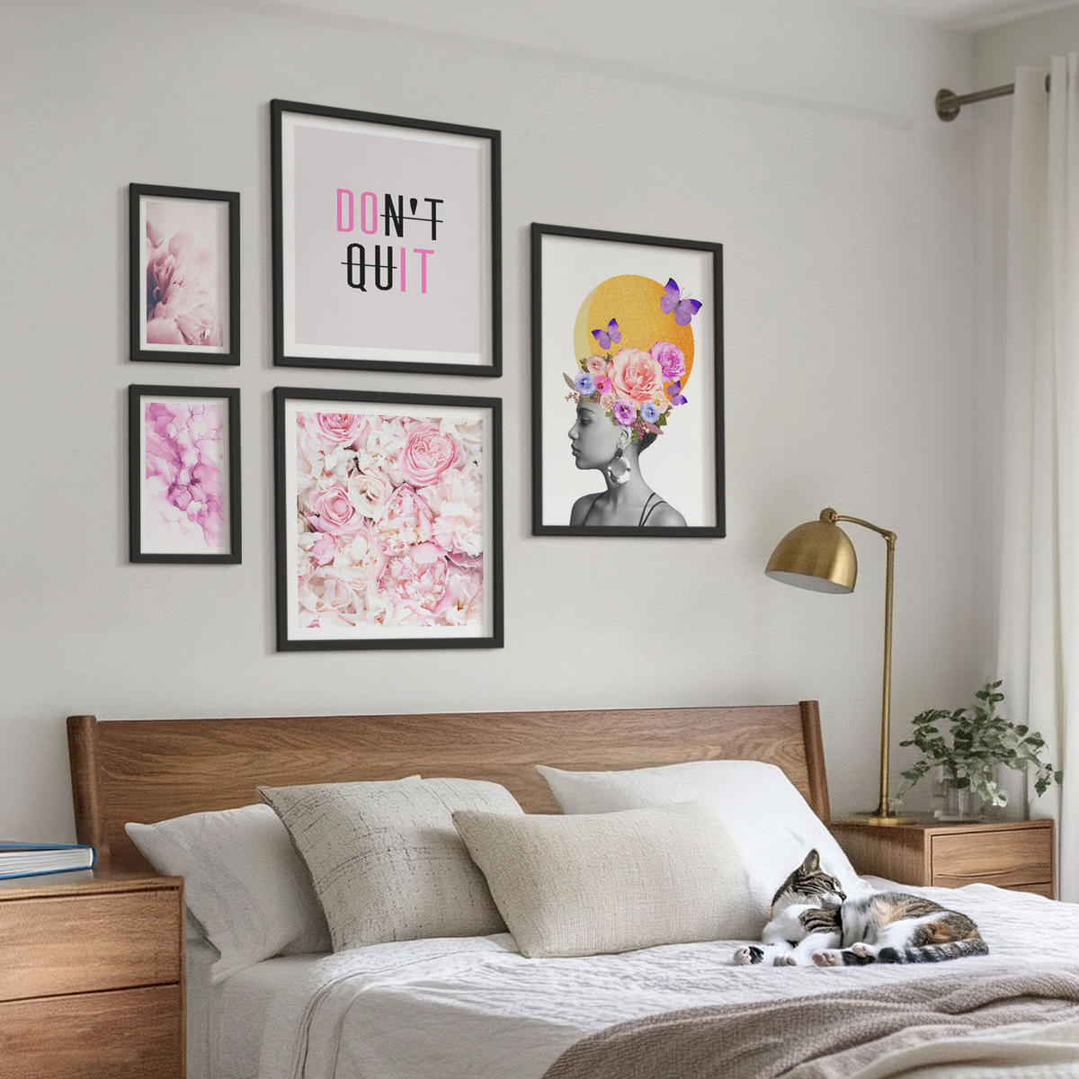 BILDER SET 5er Set - 50x50 cm & 20x30 cm & 40x60 cm Schwarzer Rahmen - Abstraktes Blumenporträt einer Frau - Schwarz, Kunststoff (40/60cm) - TULUP