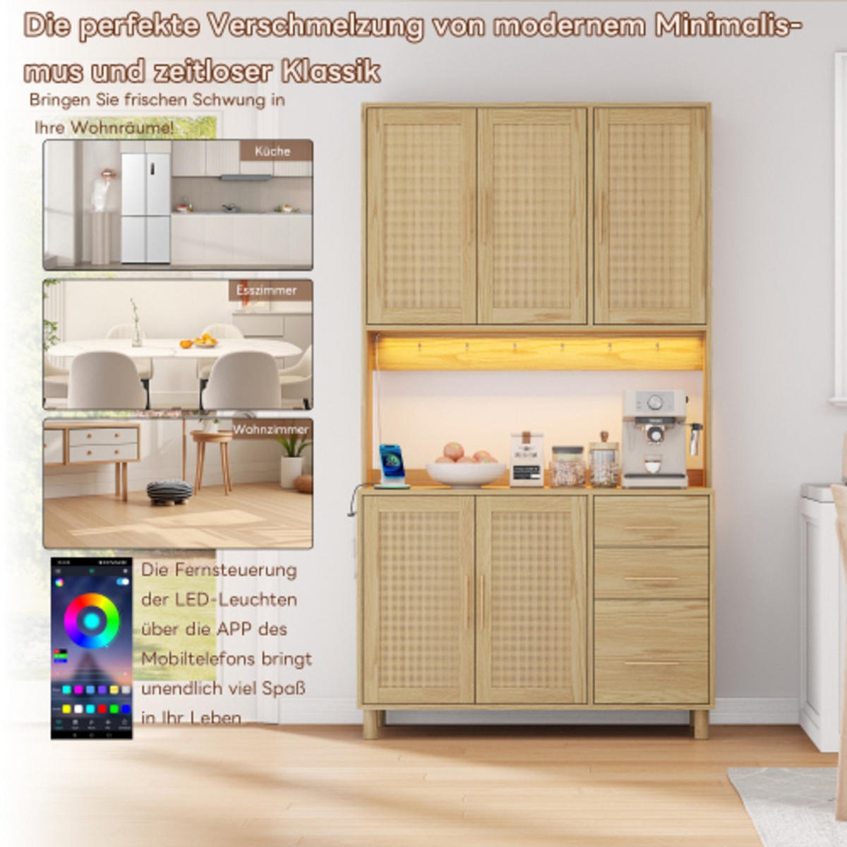 KÜCHENSCHRANK Naturoptik aus MDF mit Rattanfront, LED-Beleuchtung und integrierten Steckdosen 100×40×183 cm - Naturfarben, Holzwerkstoff (100/183/40cm) - Luhomfu