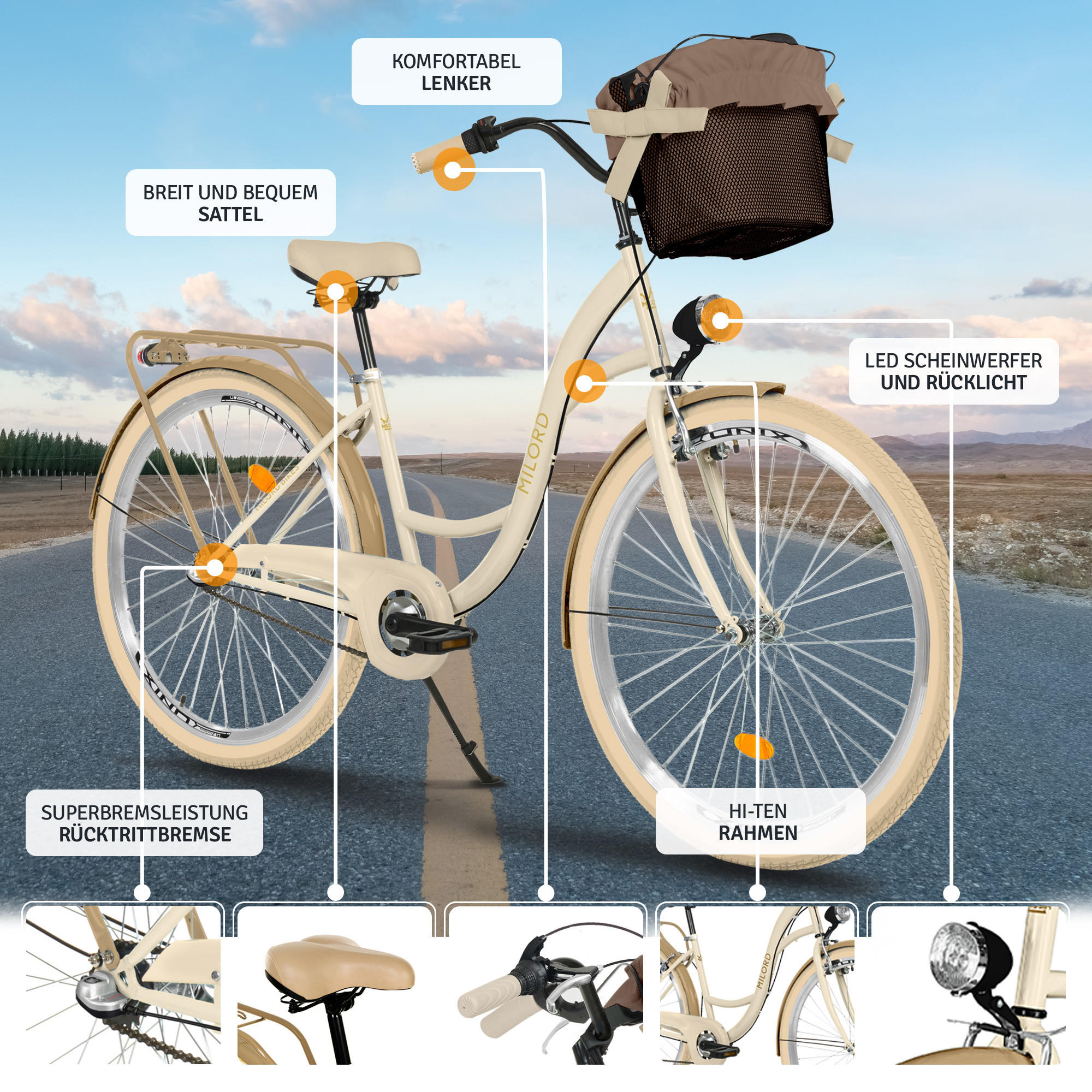 CITY-FAHRRAD Milord mit Metallkorb, 26 Zoll, Creme-Braun, 3-Gang - Creme/Braun, Metall (46cm) - Milordbikes